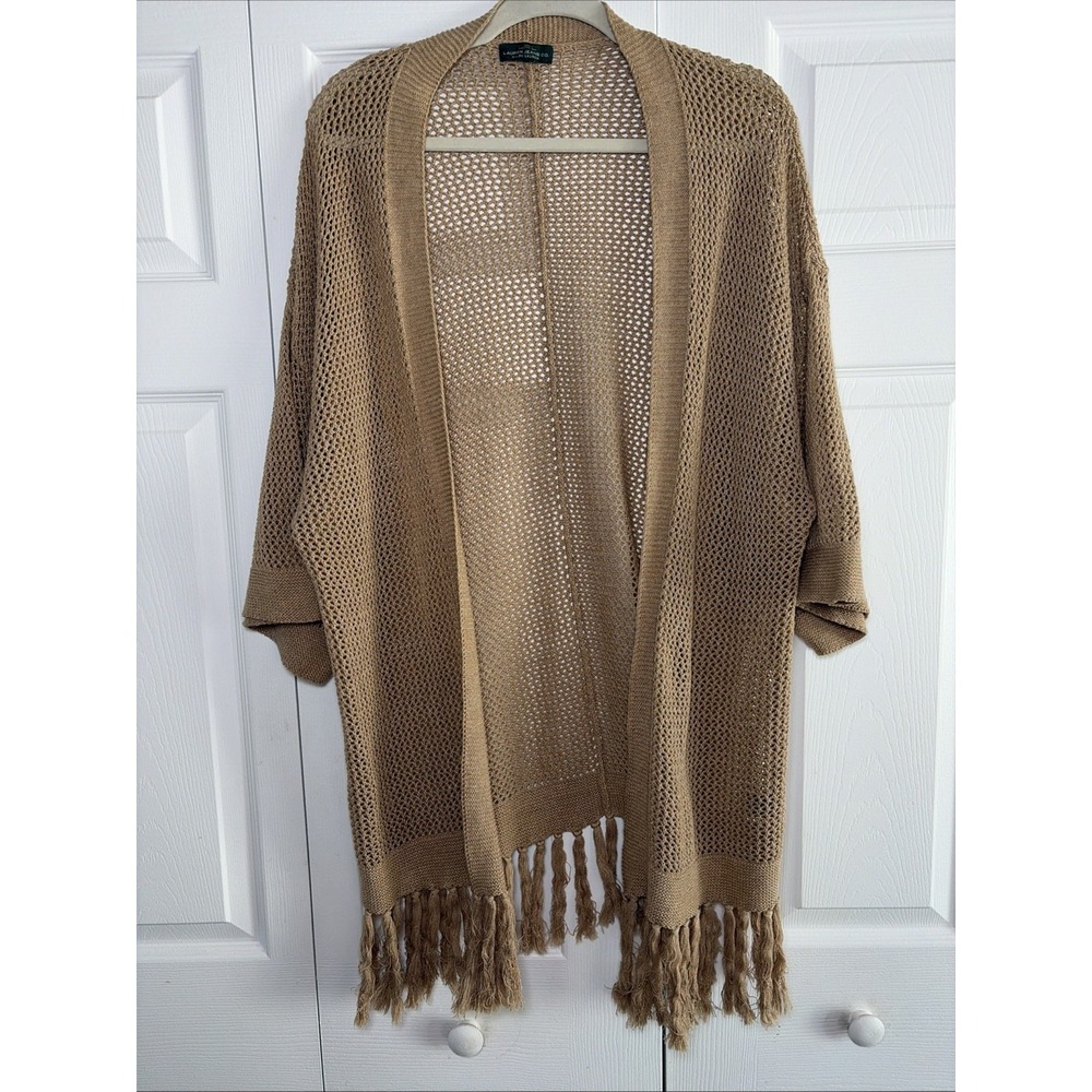 Lauren Ralph Lauren Open Knit Fringe Cardigan Womens Size L Tan Crochet Boho